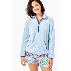 Lilly Pulitzer Sherpa Skipper Popover 1/4 Zip Light Blue Fuzzy Cozy Soft Small